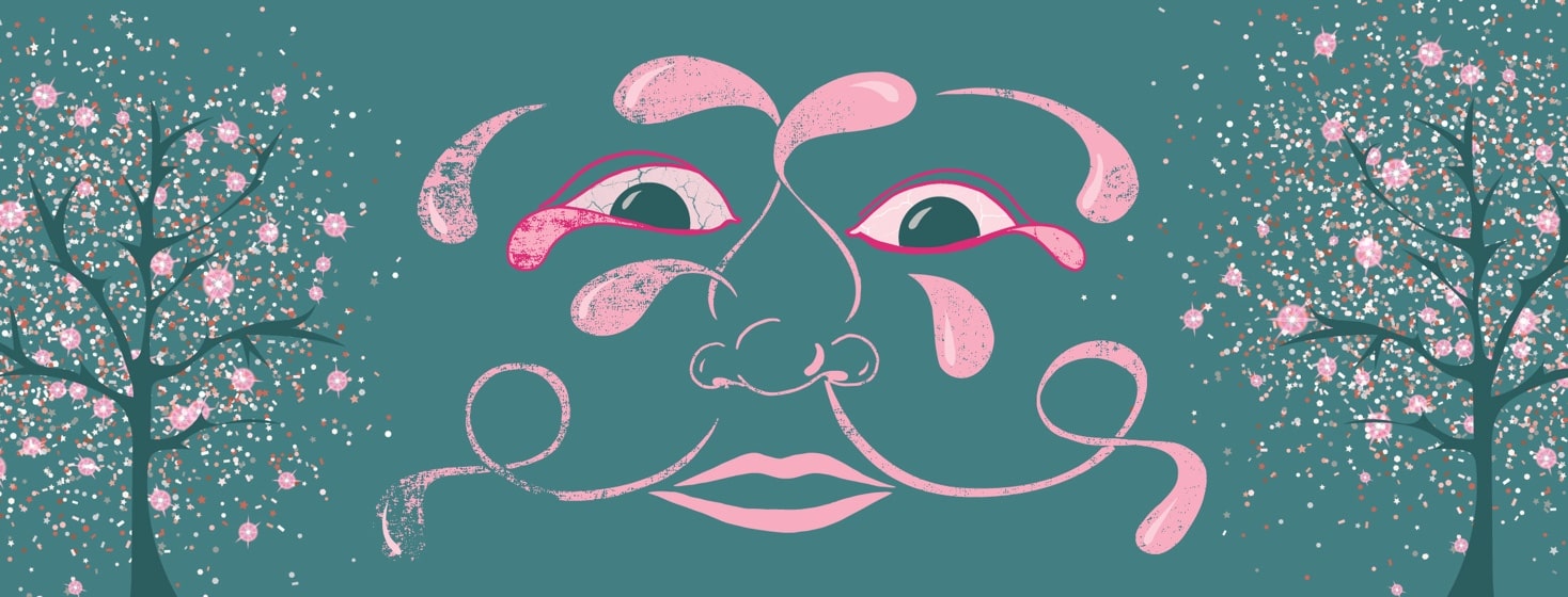 a face showing sinuses and water flowing through them with pollen in the background