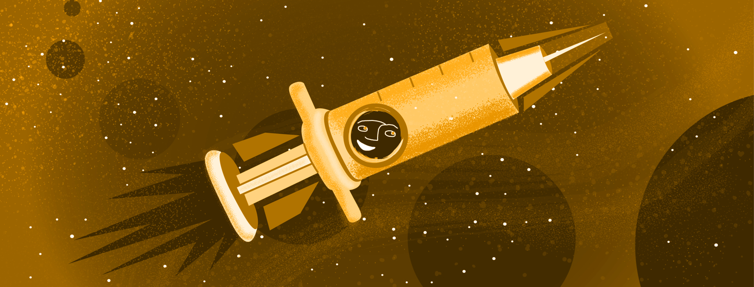 Image shows a rocket ship syringe soaring through planetary space with a smiling face in the window