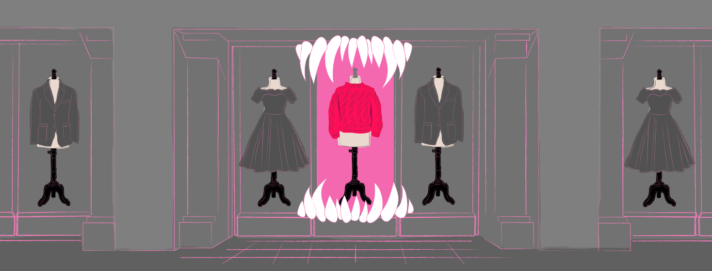 Shopping mall with clothes in the display windows - one of them is an itchy sweater with teeth bared around it