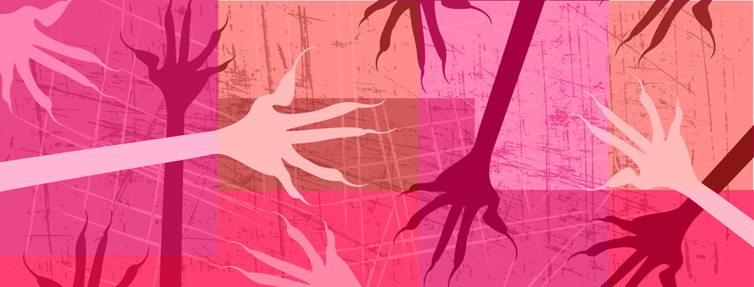 Multiple hands with sharp fingernails scratching the background in pink and red hues.