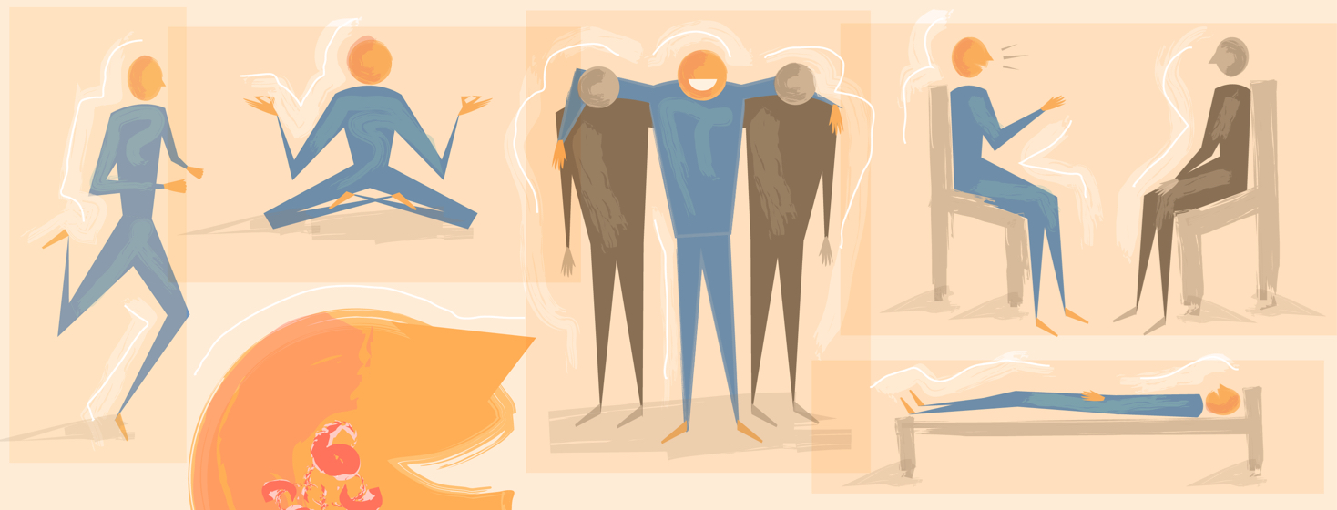 A man imagines himself exercising, meditating, attending a support group, sleeping, and talking to a friend and considers trying these coping mechanisms out to combat his stress-induced eczema.