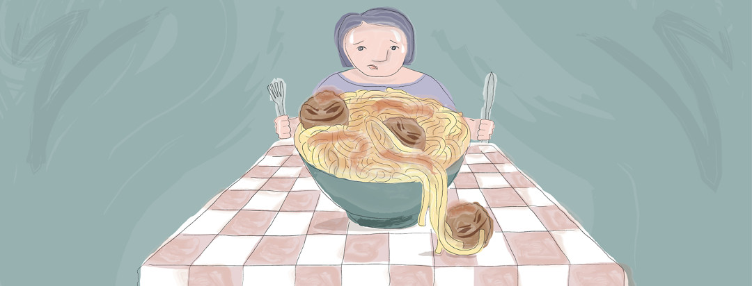 A woman sits at a restaurant table holding a fork and knife, and very anxious about the bowl of spaghetti and meatballs in front of her. The meatballs have angry and maniacal faces.