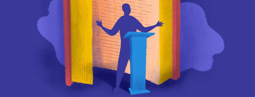 Person standing in front of an open book and podium with arms outstretched confidently telling their story. There are no details in the figure.