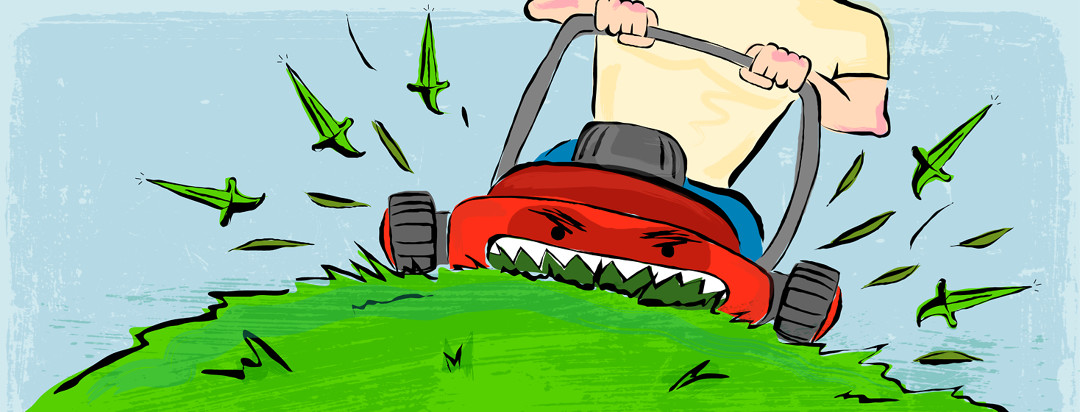 An evil lawn mower is eating blades of grass, which are turning to knives in its wake.