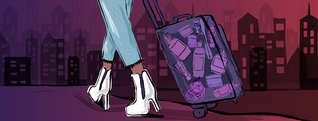 Shown are feet walking down a path towards a cityscape, wheeling a suitcase behind her that shows bottles, jars, loofahs, and other skincare products within.