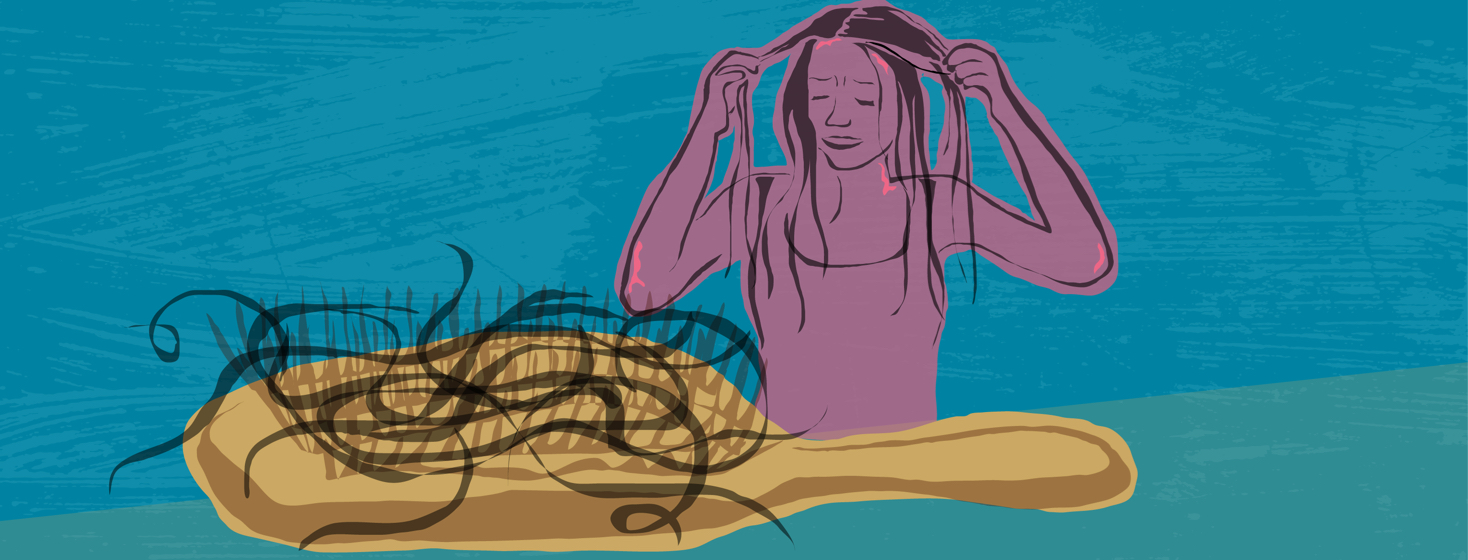 A large hairbrush containing a lot of hair is being stared at by a woman in distress, clutching what she has left on her head.