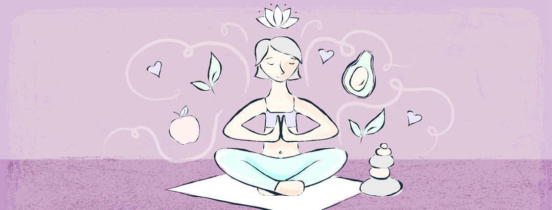 A woman sits in the middle of the frame on a yoga mat meditating, while imagery including a lotus flower, avocado, and natural vegetation floats around her.