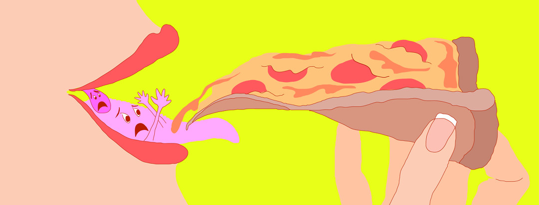 A slice of pizza is being brought towards an open mouth, while the tongue and uvula are personified and desperately trying to avoid the impending doom.