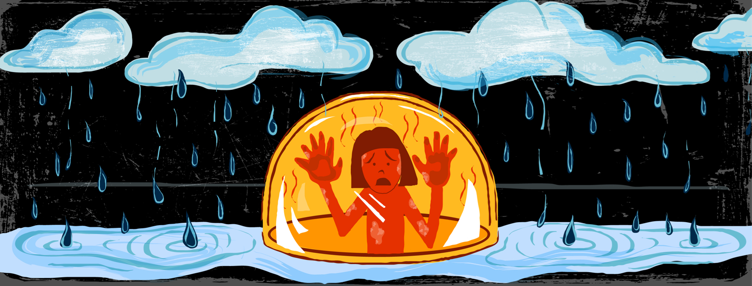 A figure is pawing at the glass of a bubble in the middle of a rainstorm, unable to reach the water outside.