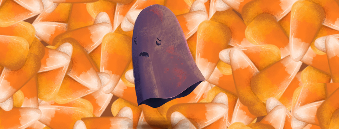 A sad ghost with eczema floats through a sea of candy corn.