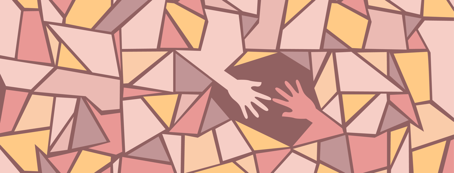 A shattered foreground with two hands emerging from the shards to reach out for each other