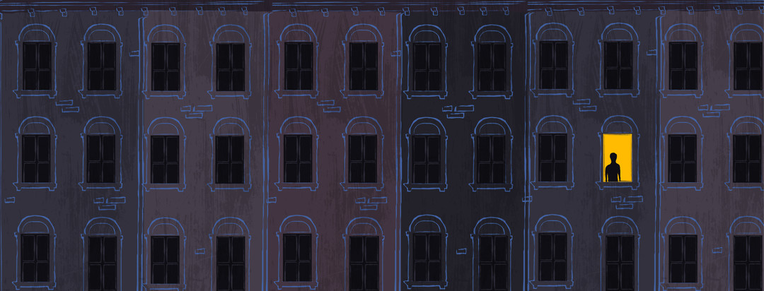 A cityscape of buildings with dark windows at night, all but one are dark. The illuminated window shows a small silhouette of a figure who can't sleep.