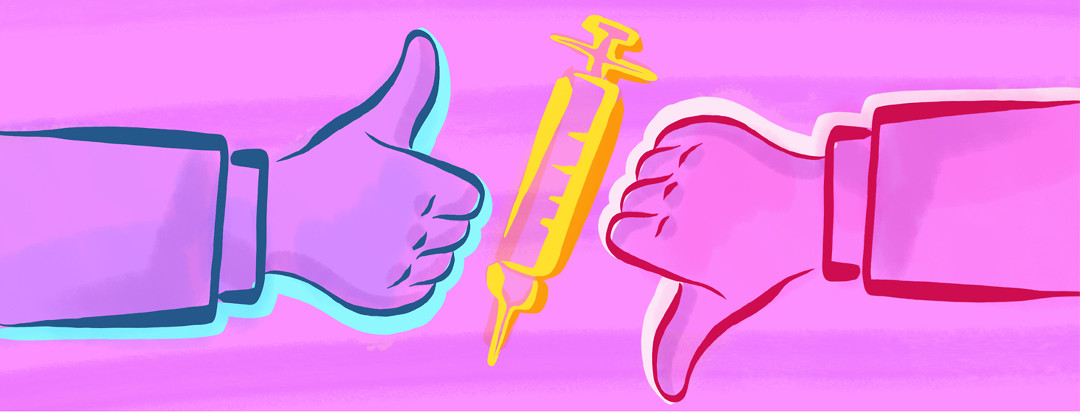 Two hands are shown across from eachother, one is showing a thumbs down, the other a thumbs up, with a graphic of a syringe in the middle.