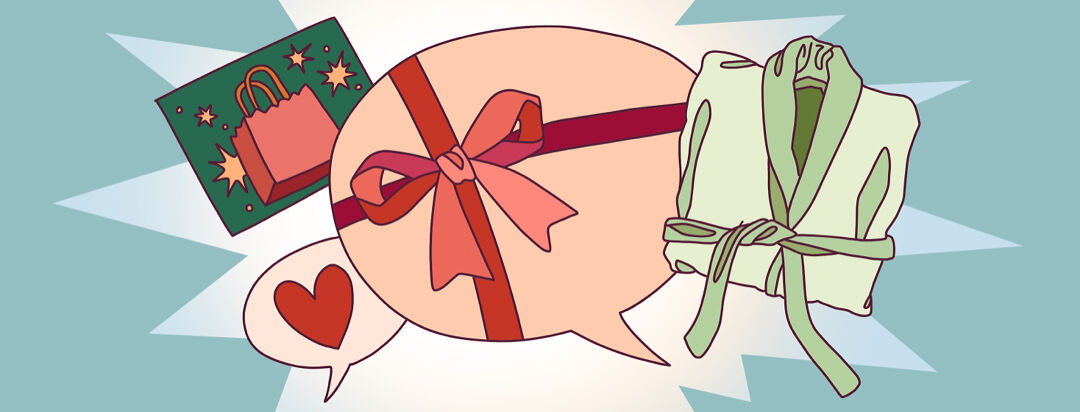 A speech bubble wrapped with a bow next to a spa robe, gift card and heart