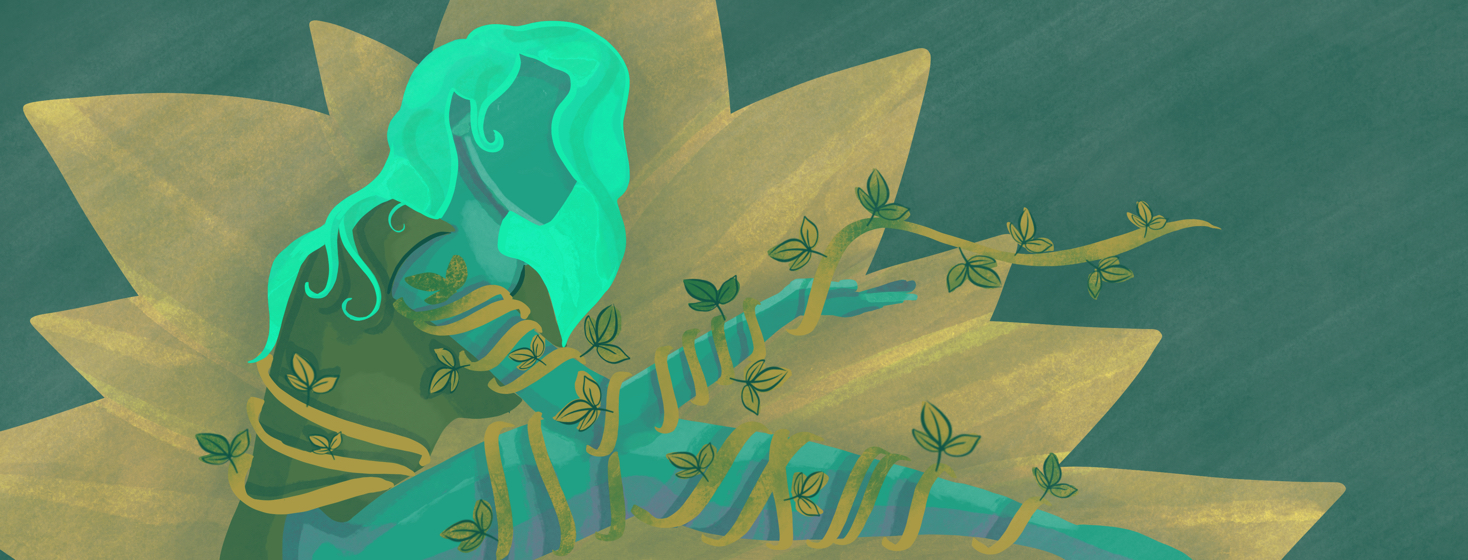 Poison ivy personified sits with vines wrapping around her limbs as she extends a vine from her hand into the frame.