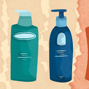 Multiple lotions bottles are featured in soothing colors, while one is in red representing flare-causing lotions.