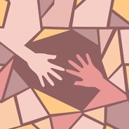 Hands reach out to each other in a stained glass design.