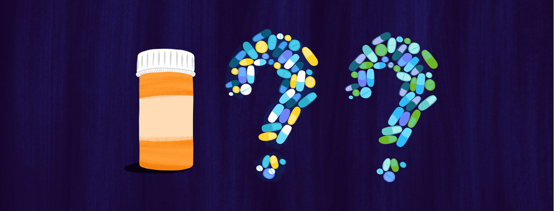 A prescription pill bottle is preceded by two question marks made out of various antibiotic pills.