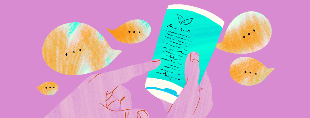 Hands holding a shampoo bottle and pointing to the ingredients list while conversation bubbles float around in the background.