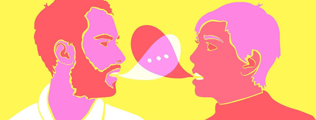 Two people are talking to each other. The dialogue bubbles are overlapping and an ellipsis forms in the combo part.