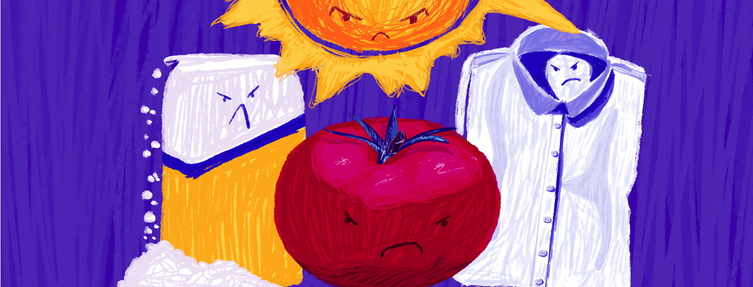 Common angry triggers such as a tomato, sugar, sun, and collared shirt are grouped together.