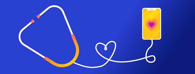 Stethoscope connected to a smartphone with the cord forming a heart.