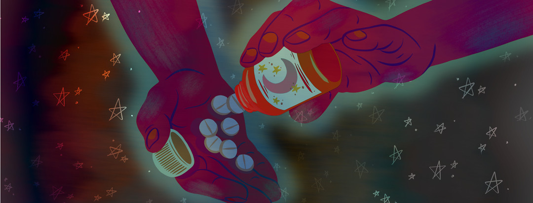 Hands are opening and pouring out pills from a bottle with a crescent moon and stars on it, with a starry background.