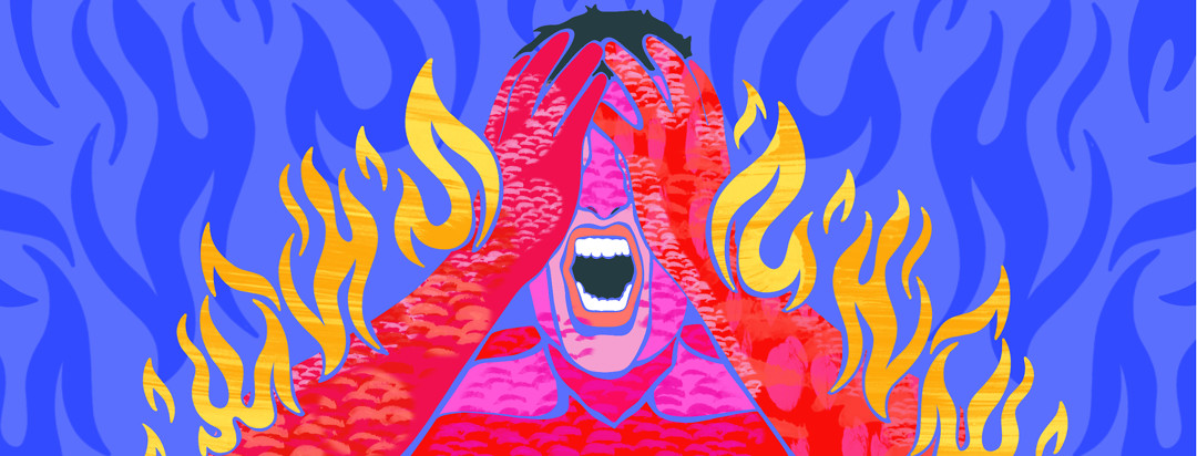 A man grabs his face, screaming, as his arms light up in flames.