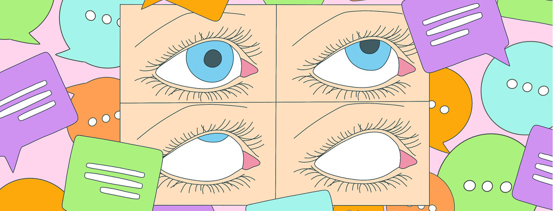 A grid featuring stages of a close up of an eye rolling back. Around the grid are dialogue and comment bubbles popping up.