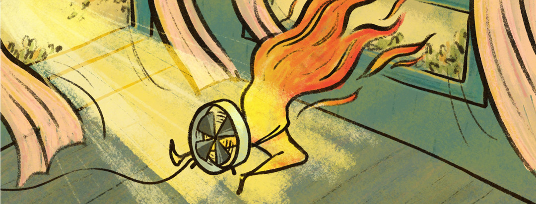 Person made of fire sitting in a house holding a small fan with sun beaming on them and windows open
