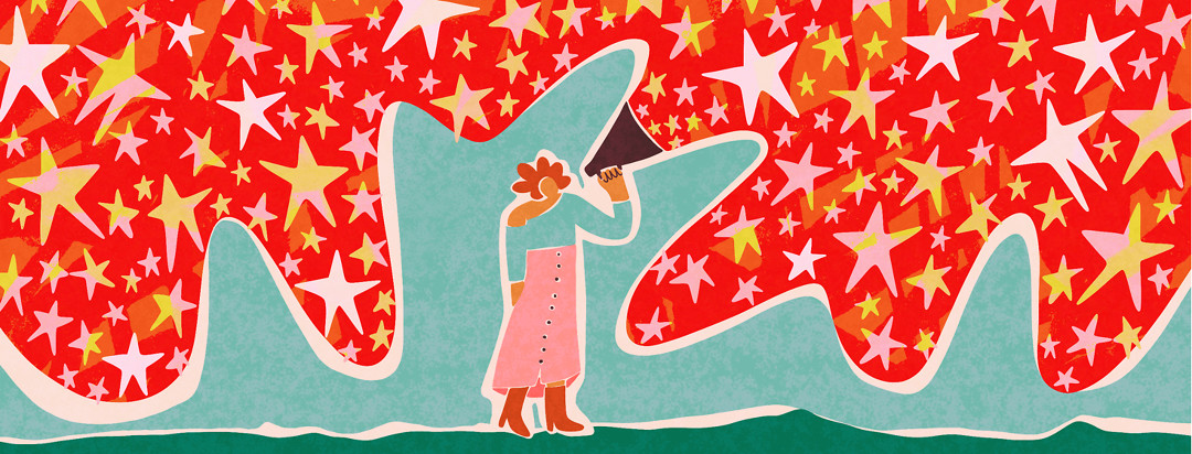 A woman is talking into a megaphone. The megaphone is producing a cloud of vibrant stars.
