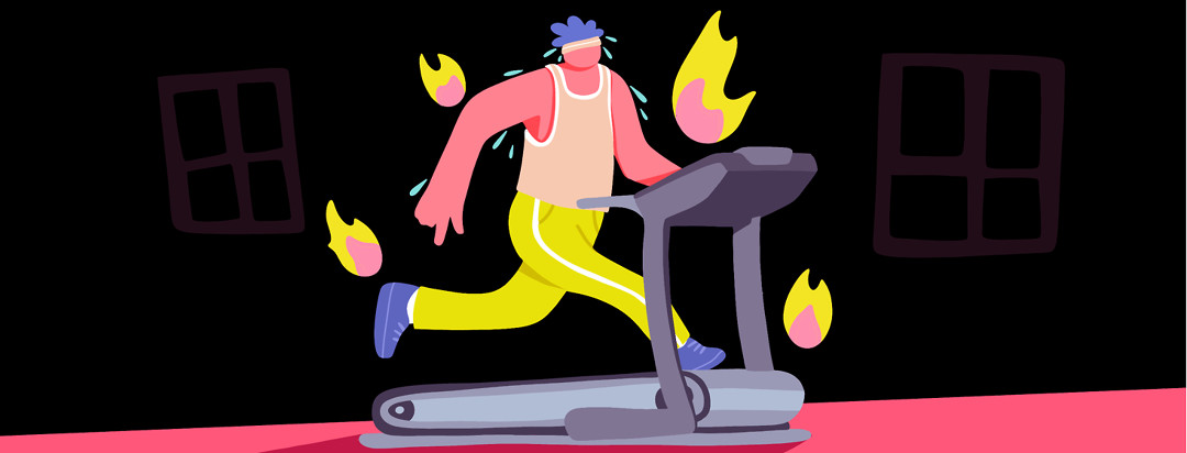 A man is running on a treadmill as his skin reddens and flames erupt around him.