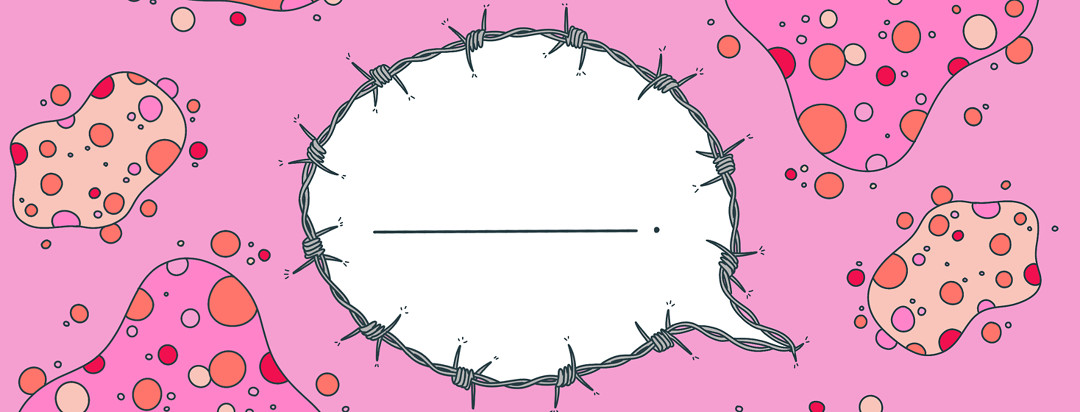 A speech bubble is lined with barbed wire and includes a fill in the blank line and period in the center.