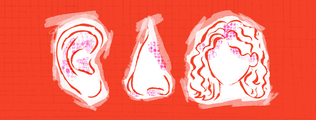 An ear, a nose, and a person's head/scalp is shown with eczema.