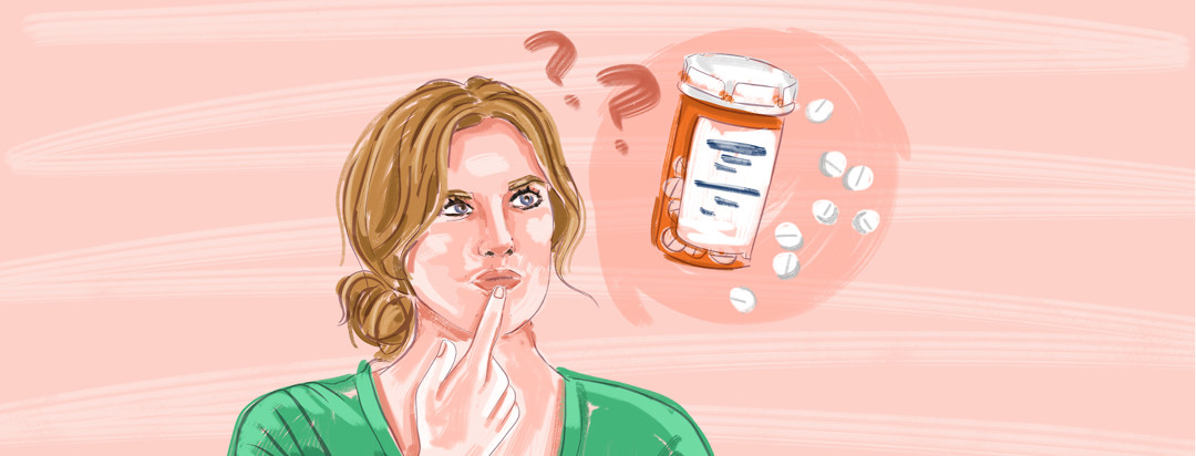 A pensive woman is shown with a thought bubble containing a prescription bottle of pills and question marks.