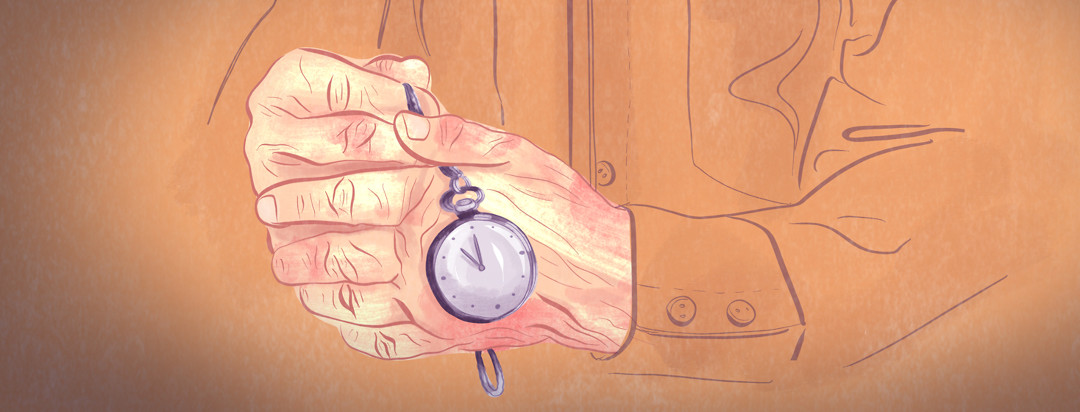 Aged hands hold a small pocket watch.