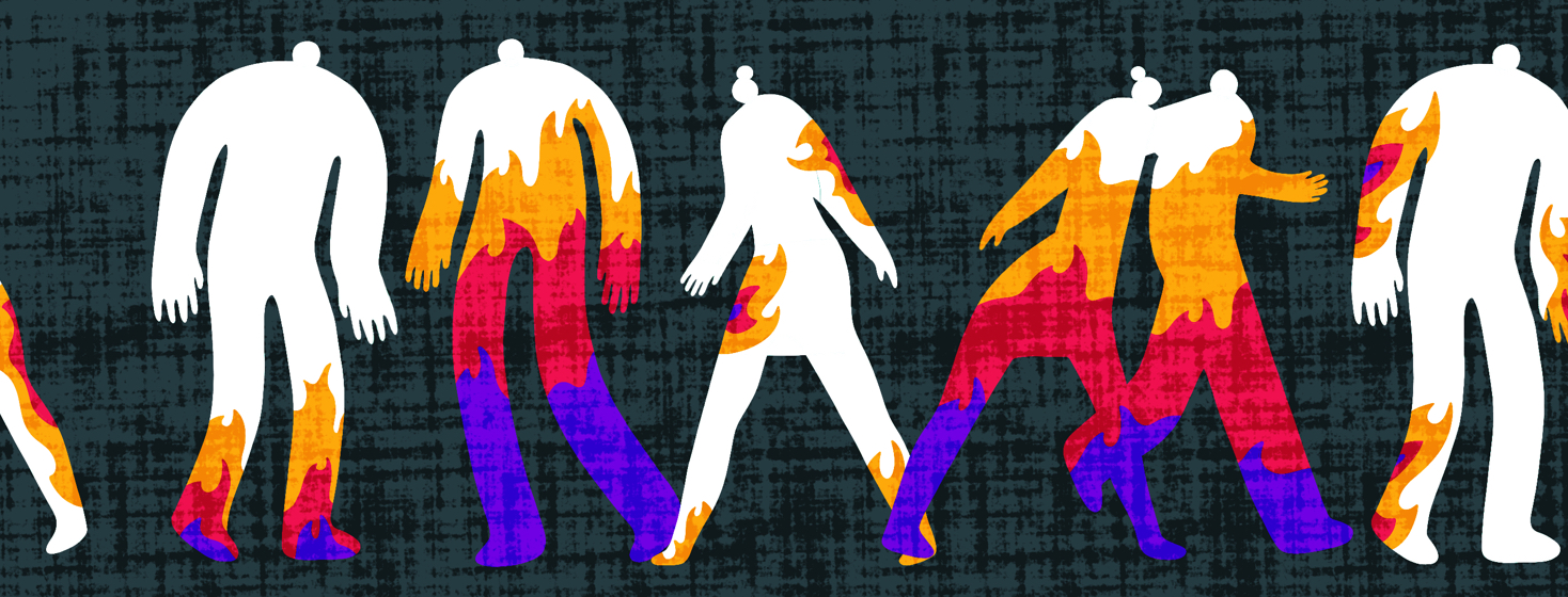 Multiple people walking along a street with varying levels of fire and flames rising within them.