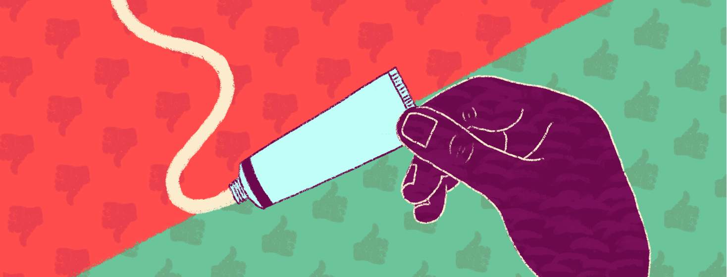A hand holds up a tube of topical steroid cream. The background is divided between thumbs up and thumbs down icons.