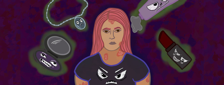 Woman surrounded by menacing makeup products