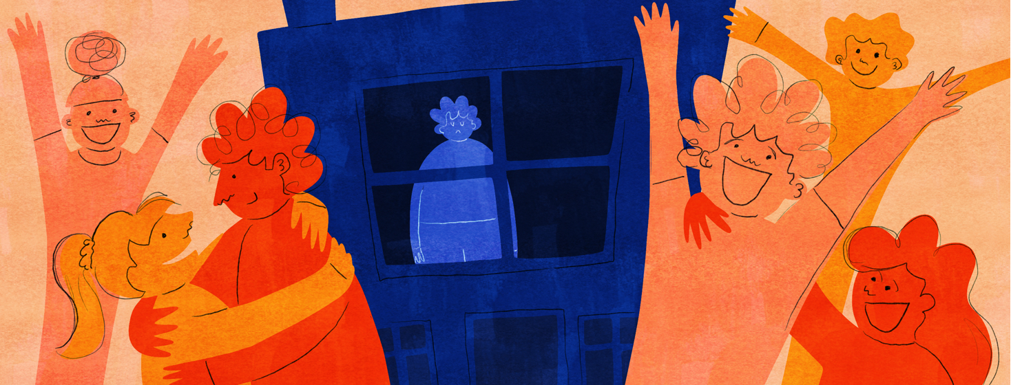 A sad figure is shown behind a window in a dark house while others have fun outside.