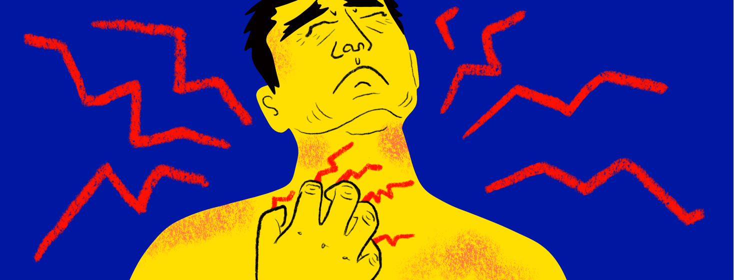 A man furiously scratches at his neck.