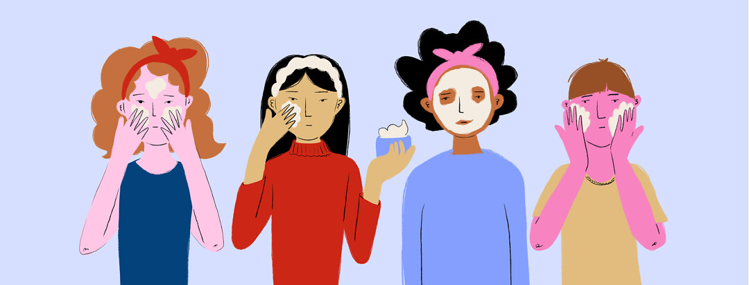 A row of people applying various creams, masks, and lotions to their faces.