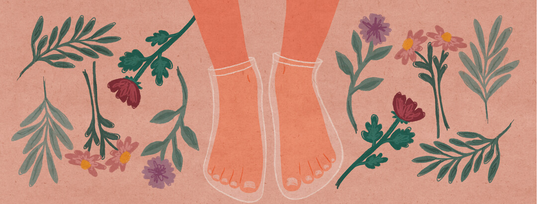A pair of feet with clear masks on them, surrounded by botanical elements.