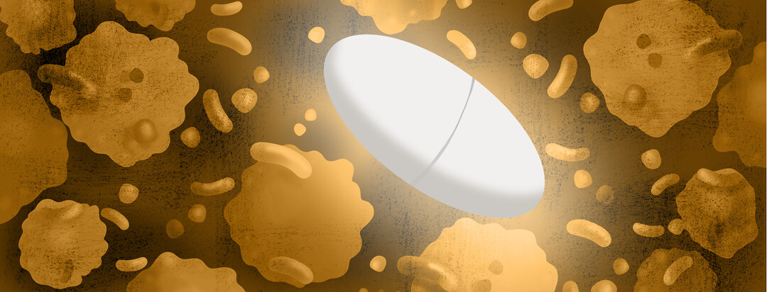 A glowing pill floating in the middle of floating allergens and pollutants.