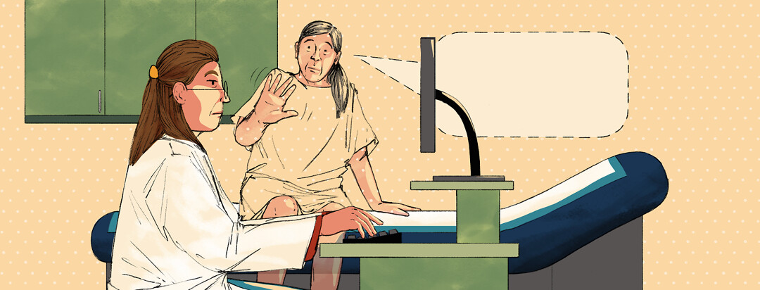 A doctor is focused on typing on a computer while a patient in a hospital gown is trying to get her attention but is fading into the background. The dotted outline of a speech bubble is coming out of the patient's mouth.