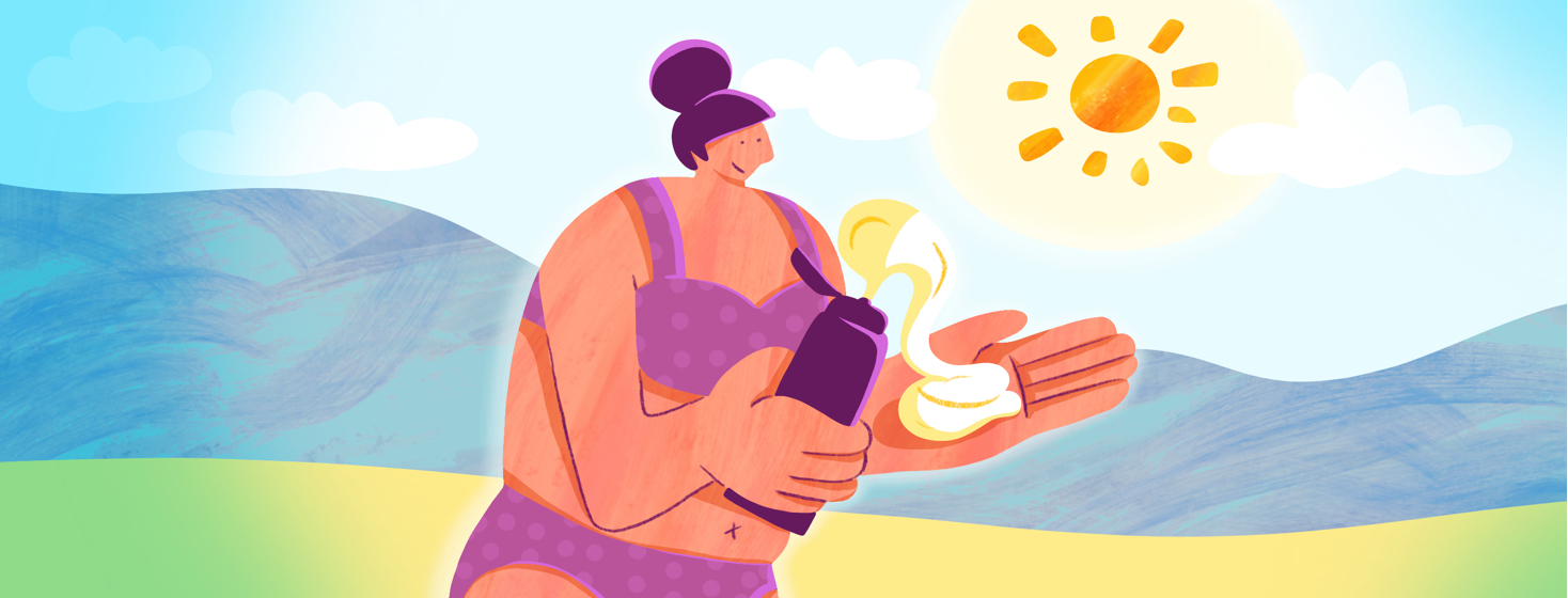 A lady on the beach in a swimsuit squirts sunscreen out onto her hand happily.