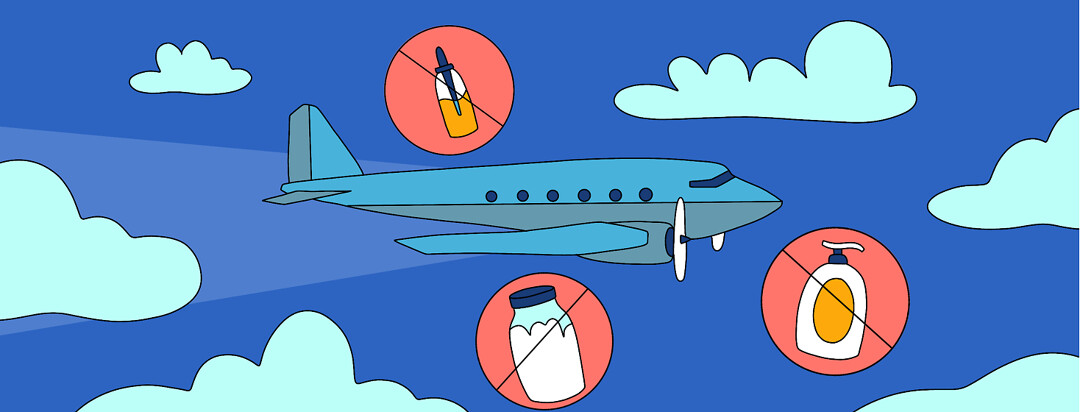 An flying airplane with lotions and tinctures floating around it in crossed out bubbles.
