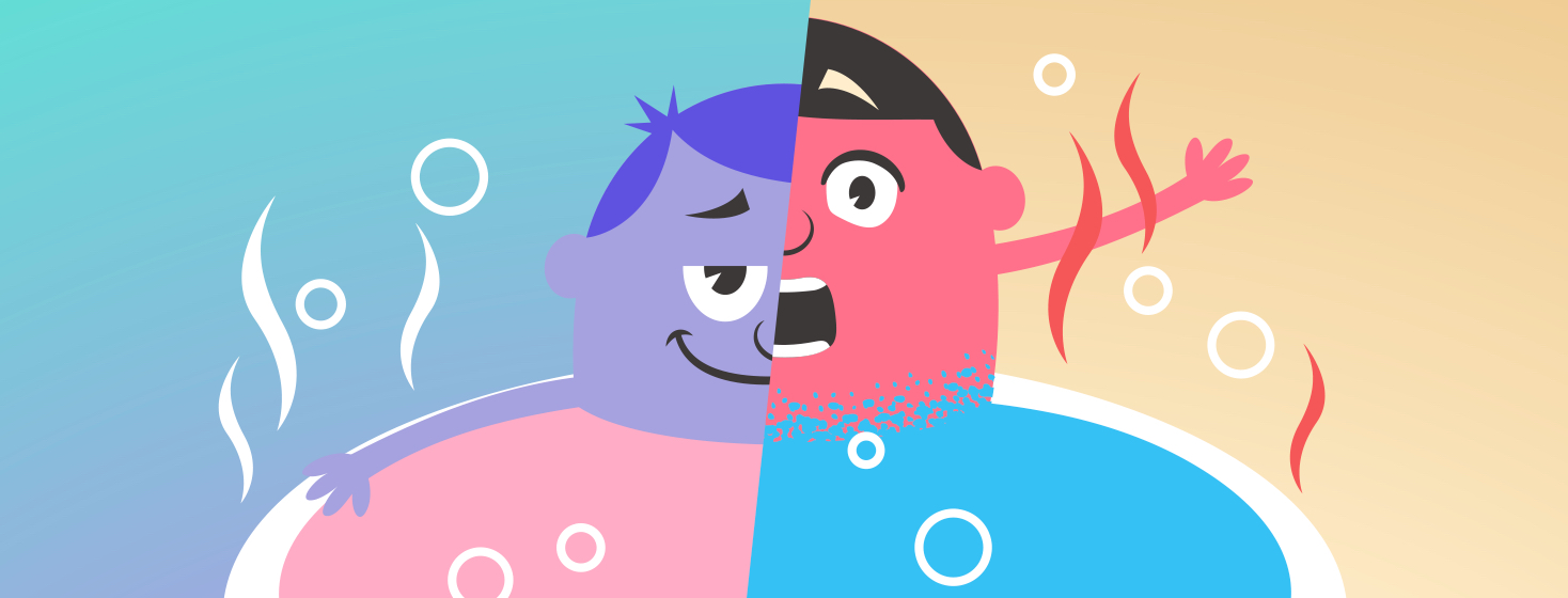 A person sits in a bath. On the one side they are happy and cool, while on the other they are hot and screaming.