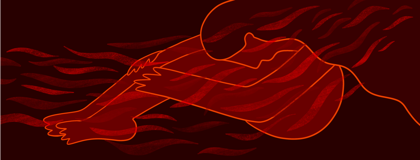 A woman crouches in pain as red waves pass through her body