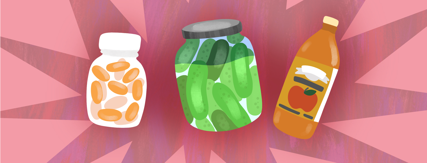 Probiotic foods are featured including a jar of pickles, apple cider vinegar, and probiotic supplements.